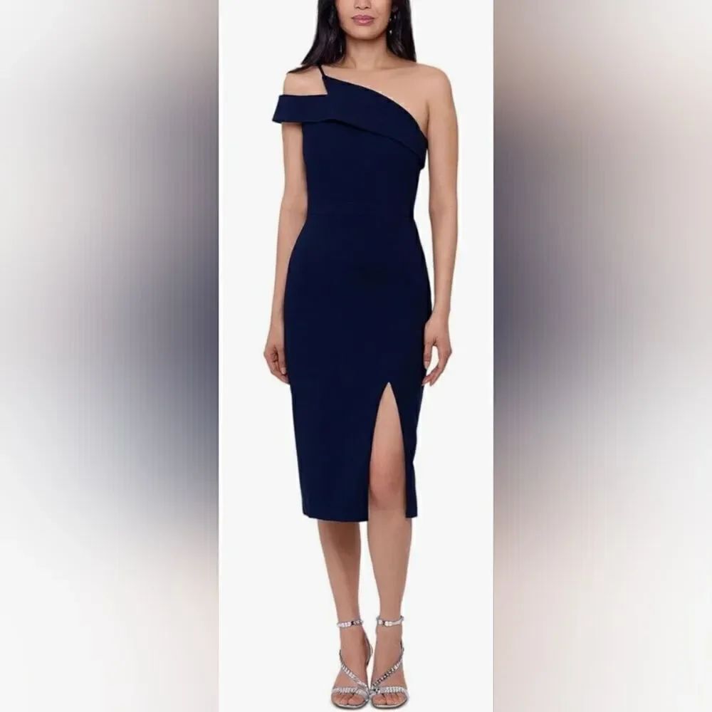 Xscape Womens Knit One Shoulder Midi Dress NWOT size 4 Blue